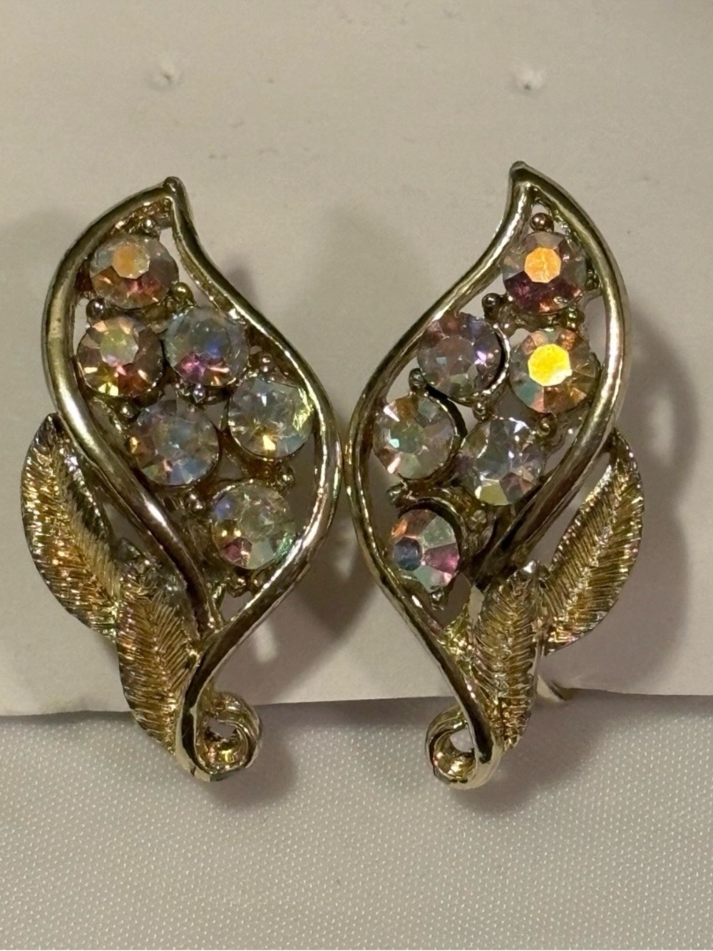Coro Gold-Tone Aurora Crystal Leaf Screw Back Earrings - Women Jewelry